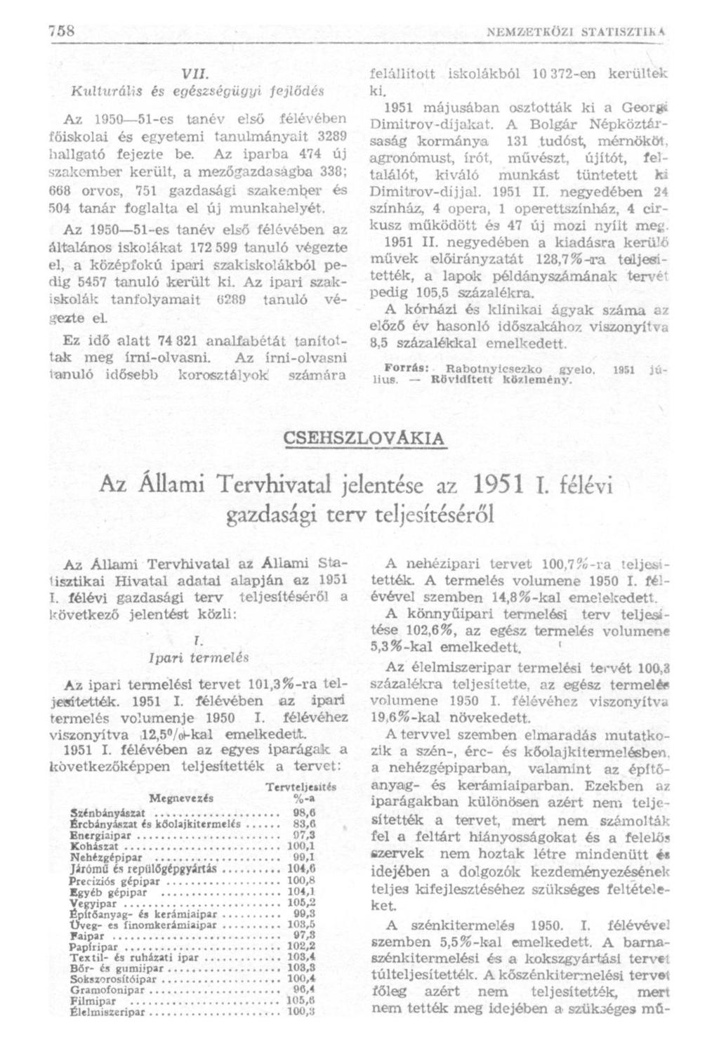 VIL Kulturális és egészségügyi fejlődés Az 1950 51-es tanév első félévében főiskolai és egyetemi tanulmányait 3289 hallgató fejezte be.