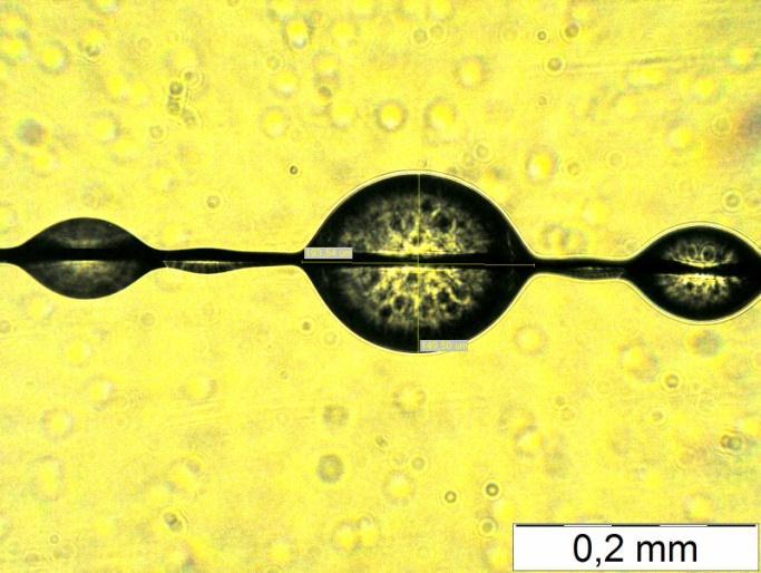 A ragasztó teljes megszilárdulása után (24 óra) az egyedi szálak átmérőjét Olympus BX 51M típusú optikai mikroszkóp (27. ábra) segítségével mértük meg.