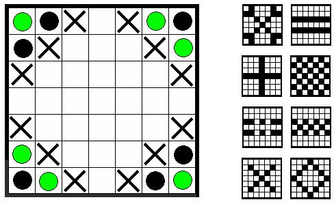 BACKC&BACK ( 7x7-es tábla, blokkolt mezőkkel ) Mint a Hexxagon, de négyzetes táblán, a blokkolt, (nem használt) mezők