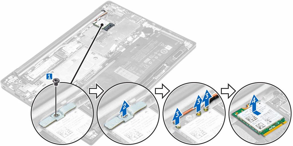 4. A WLAN-kártya eltávolítása: a. Távolítsa el a csavart, amely a fémkeretet az WLAN kártyához rögzíti [1]. b. Távolítsa el a fémkeretet [2]. c. Csatlakoztassa le a WLAN kábeleket a WLAN kártyán lévő csatlakozókról [3].