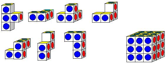 SOMA (cogitoys-vari 3x3x3-as kockák színhelyesen) Rakd le mind úgy, hogy fenn és feléd azonos színek legyenek. Innen már csak 9-ig kell számolni és persze picit gondolkozni.