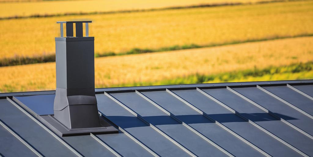 számú kör keresztmetszetű kéményátvezető készlet Alkalmazás: kör keresztmetszetű, fém, szigetelt, Ø270-380 mm-es előre gyártott kémények tetőn át történő kivezetéséhez.