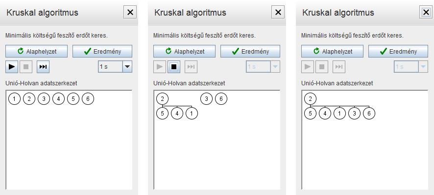 A navigáló gombok segítségével lehetőség van az algoritmus kezdő- és végállapotának megtekintésére, az algoritmus lépésenkénti nyomon követésére, valamint időzített lejátszására.