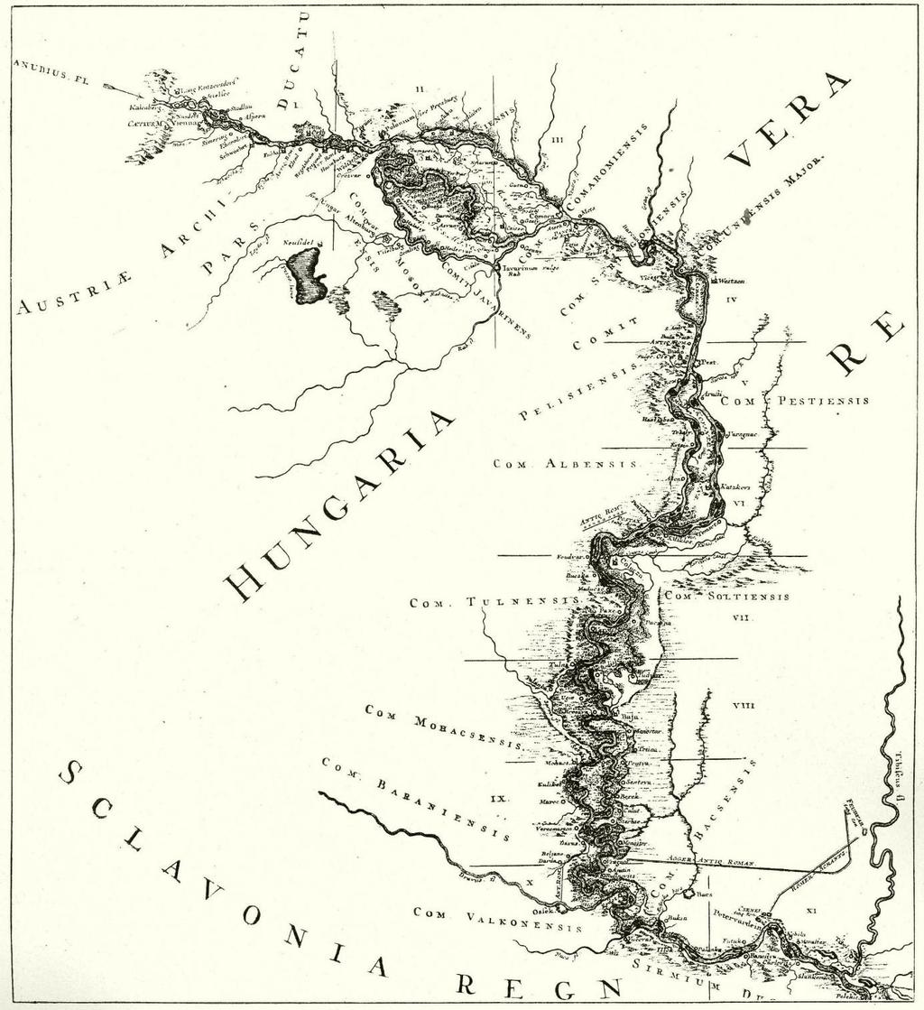 2.3.1. ábra Marsigli Duna térképe - 1696 A Duna térképezése a bécsi udvari kamara irányításával a XVIII. Század második felében kezdődött.