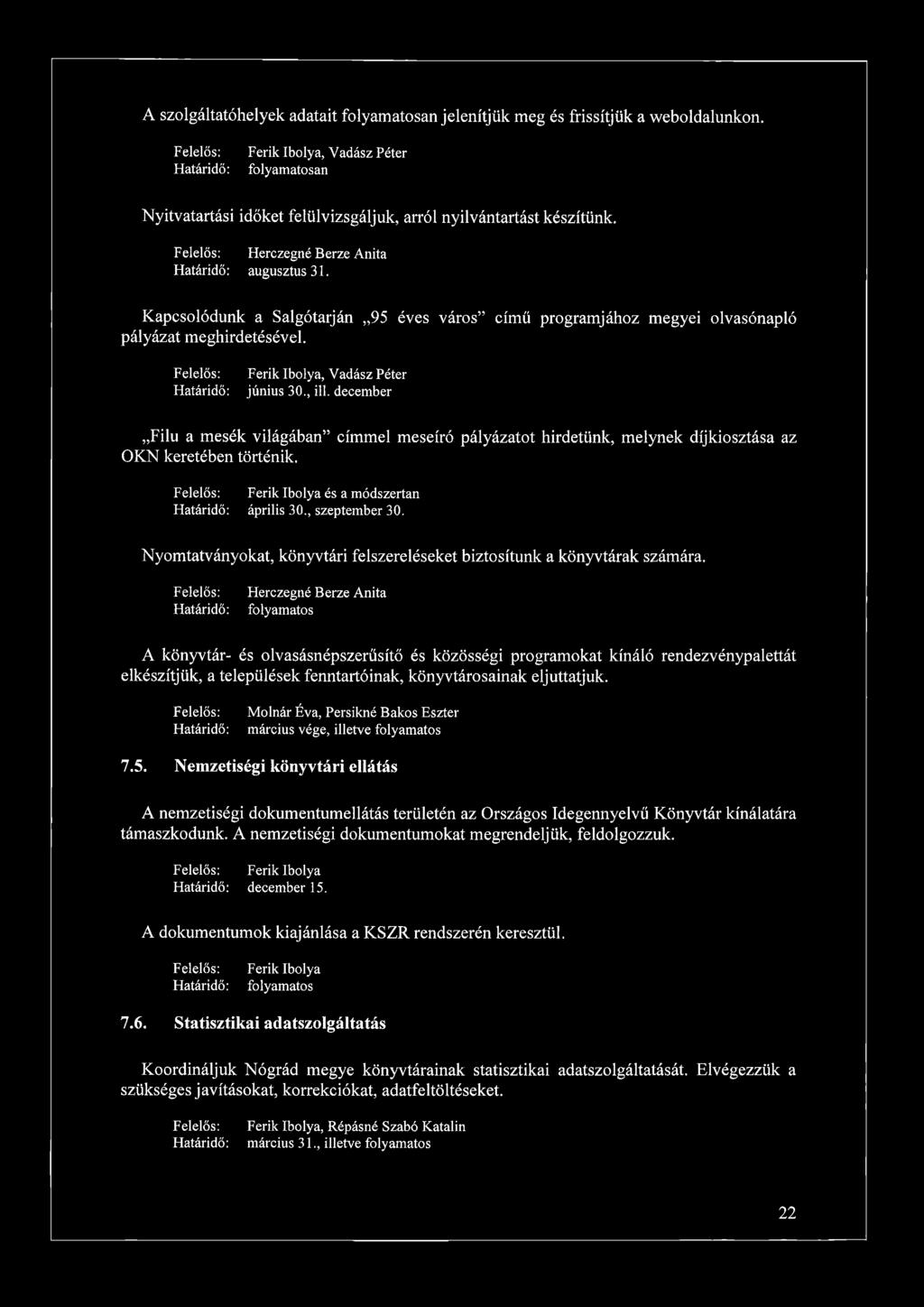 december Filu a mesék világában címmel meseíró pályázatot hirdetünk, melynek díjkiosztása az OKN keretében történik. Ferik Ibolya és a módszertan április 30., szeptember 30.