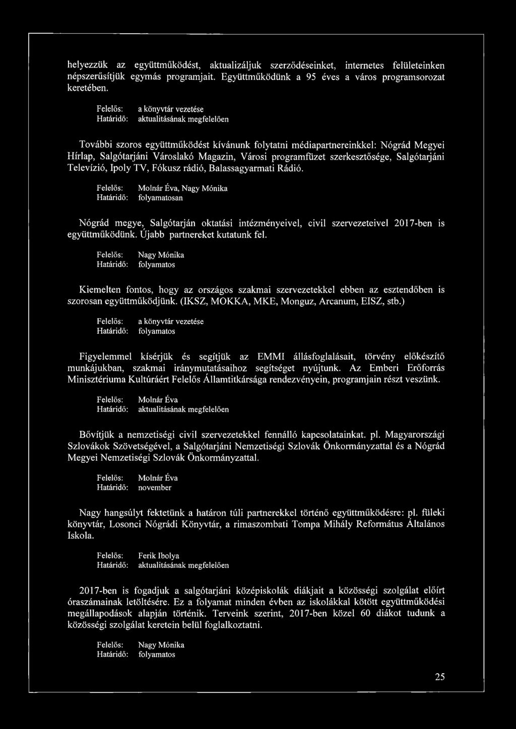 Televízió, Ipoly TV, Fókusz rádió, Balassagyarmati Rádió. Molnár Éva, Nagy Mónika an Nógrád megye, Salgótarján oktatási intézményeivel, civil szervezeteivel 2017-ben is együttműködünk.