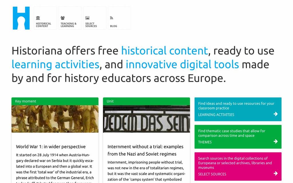 A felső menü a webhely következő részeihez ad hozzáférést: Kezdőoldal, Történelmi tartalom rész, Tanítás és tanulás rész, az e-tevékenység építő és a MyHistoriana.