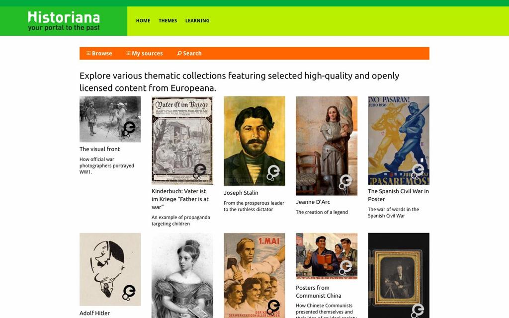 A select sources (válogatott források) rész segítségével a Historiana forráskollekciójában, a kiválasztott archívumok, múzeumok és könyvtárak