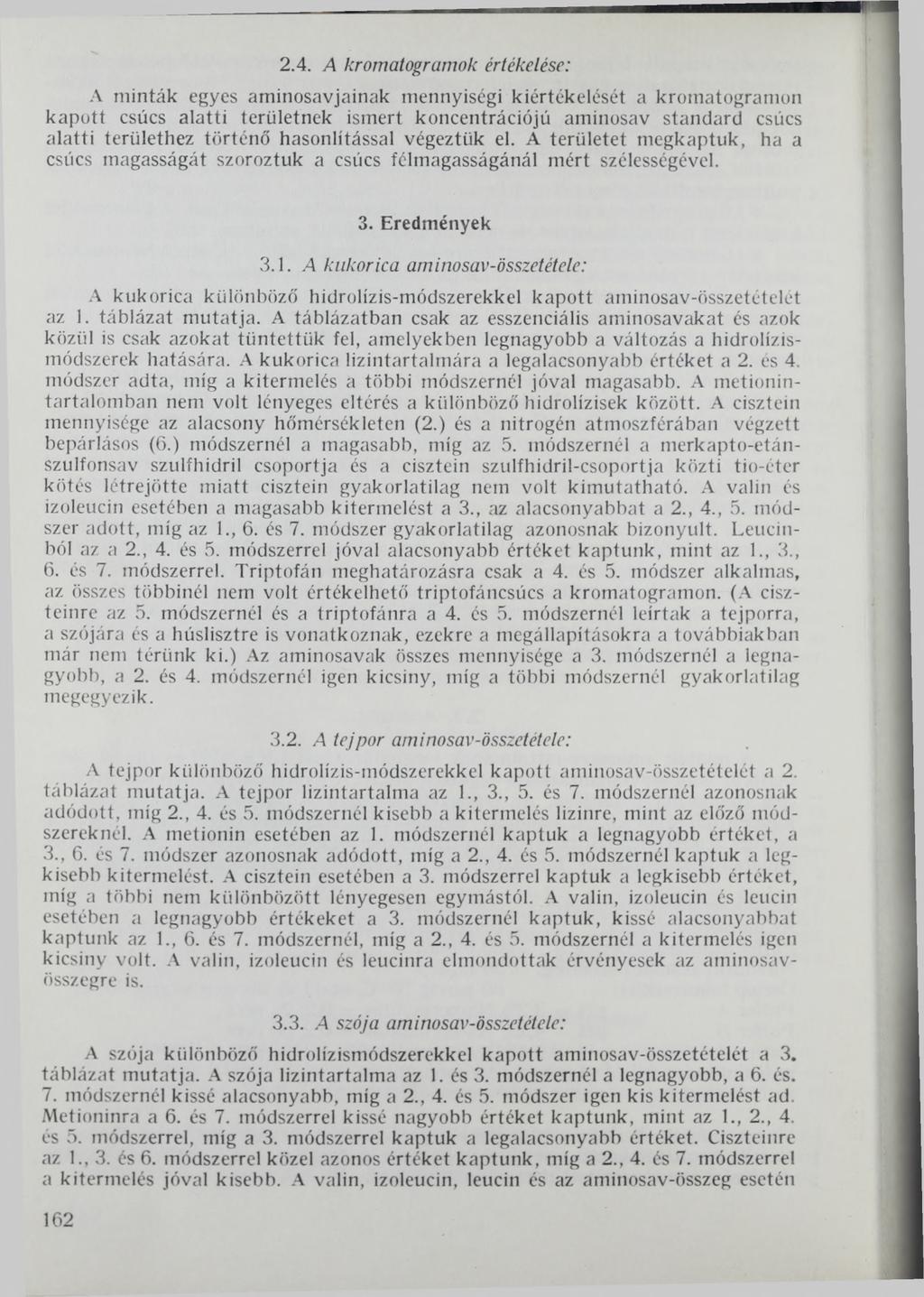 2.4. A kromatogramok értékelése: A minták egyes aminosavjainak mennyiségi kiértékelését a kromatogramon kaputt csúcs alatti területnek ismert koncentrációjú aminosav standard csúcs alatti területhez