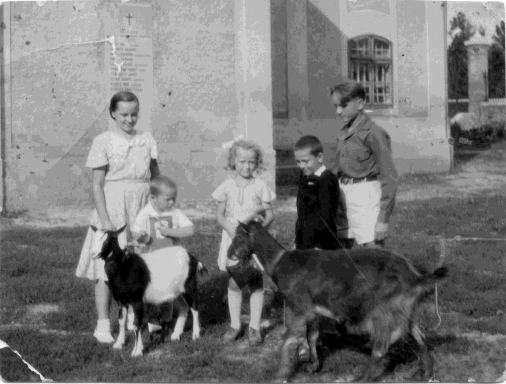 Az Ittzés gyerekek a konvent udvarán Győr 1946 körül A képen balról jobbra testvéreim: Mária, János, jómagam, Mihály és Gábor a győri Öregtemplom udvarán.