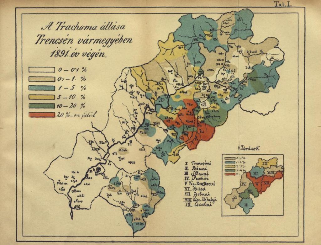 obr.č. 10 Mapa rozšírenia trachómu v Trenčianskej ţupe r. 1891, ilustruje príspevok K. Brančíka Š. Pollacsek však navrhoval, aby lekári boli odmeňovaní štátom a aby dostávali fixný (pevný) plat.