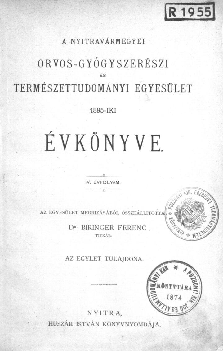 obr.č. 7 Titulný list Ročenky Lekársko-lekárnického a prírodovedného spolku Nitrianskej ţupy (1895) Ročenky podávajú obraz o organizačnej i prednáškovej činnosti spolku.