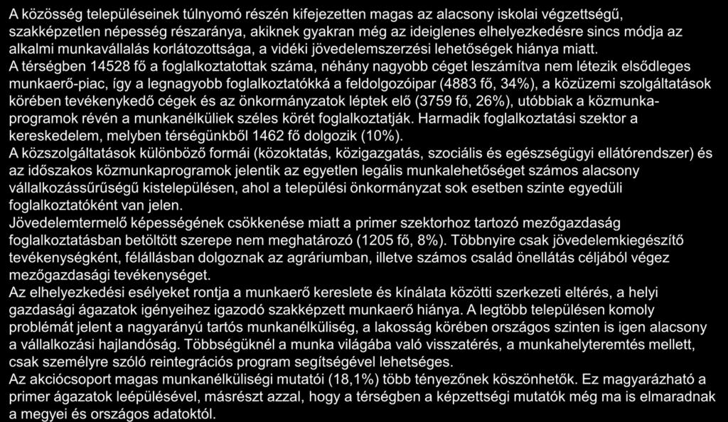 A térség foglalkoztatottsági helyzete 1/2 A közösség településeinek túlnyomó részén kifejezetten magas az alacsony iskolai végzettségű, szakképzetlen népesség részaránya, akiknek gyakran még az