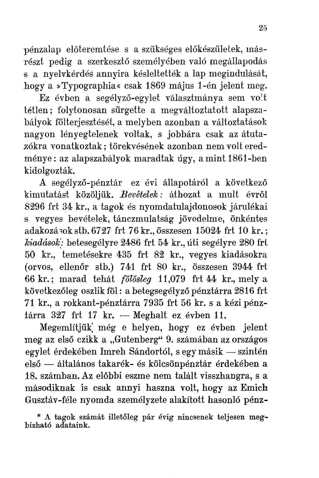 l)énzalap előteremtése s a szi:ikséges előkészületek, másrészt pedig a szerkesztő személyében való ltiegállapqdás s a nyelvkérdés annyira késleltették a lap megindulását, hogya»typographia«csak 1869