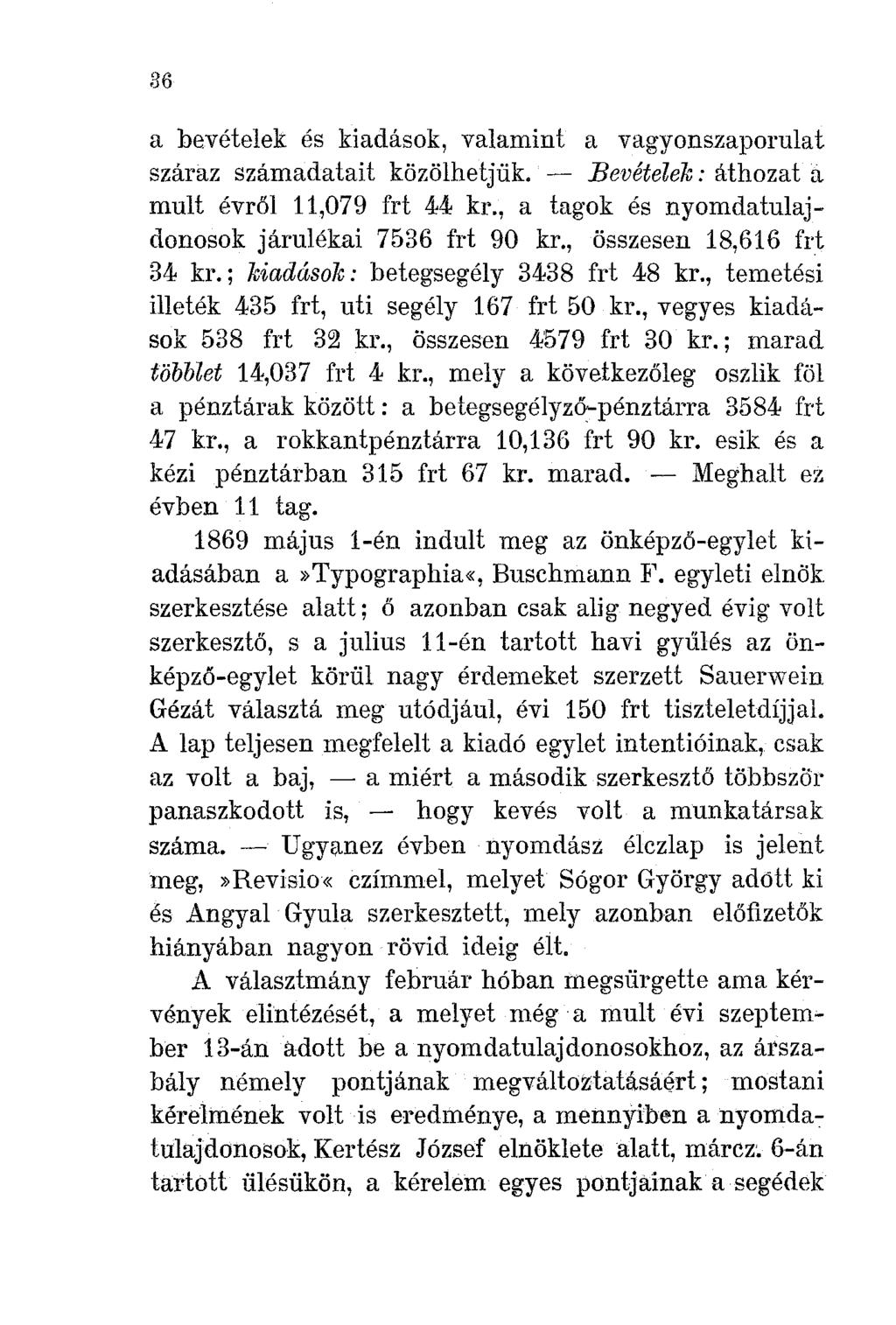 36 a bevételek és kiadások, valamint avagyonszaporulat száraz számadatait közölhetjük. - Bevételek: áthozat il mult évről 11,079 frt 44 kr., a tagok és nyomdatulajdonosok járulékai 7536 frt 90 kr.