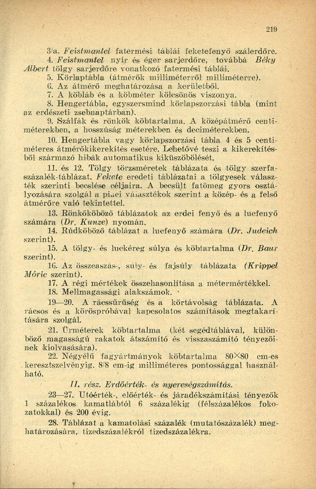 3/a. Feistnumtel fatermósi táblái fekete fenyő szálerdőre. 4. Feistmantel nyír és éger sarjerdőre, továbbá Béky Albert tölgy sarjerdőre vonatkozó fatermósi táblái. 5.