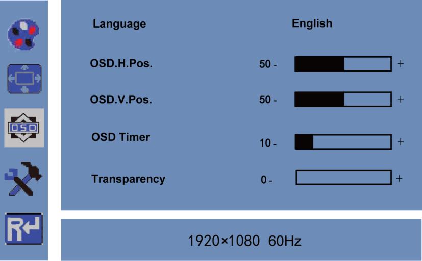 OSD beáll Cél: Beállíthatja a menü nyelvét, a pozíciót és az OSD megjelenítési időtartamát. Lépések: 1. Nyomja meg a MENÜ gombot a főmenü felületére való belépéshez. 2.