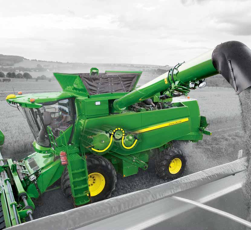 John Deere T kombájnok A LEGNAGYOBB AKTÍV LEVÁLASZTÓ FELÜLET A PIACON A LEGNAGYOBB ROSTAFELÜLET A LEGNAGYOBB ÜRÍTÉSI TELJESÍTMÉNY A KATEGÓRIÁJÁBAN GYÁRI GUMIHEVEDERES JÁRÓSZERKEZET AKÁR 40 KM/H