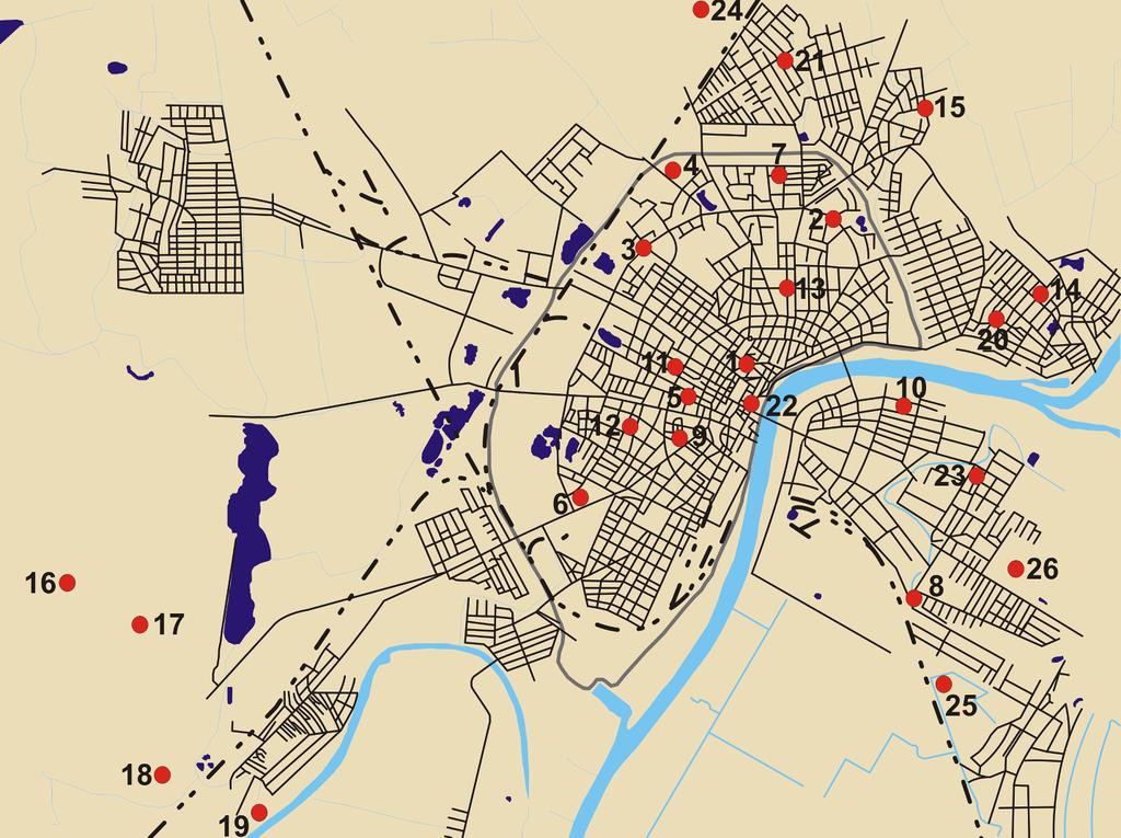 park, belvárosi lakóöv, külvárosi paneles zóna, kertesházas övezet, kiskertes-telkes övezet) érintve, a természetes területek felé egy szegmens mentén haladva történő szelvénymintázást, az