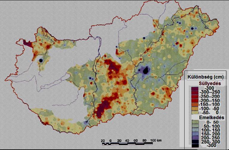 A 2000 évi és az1956-1960 évek átlagos talajvíz-állás különbsége