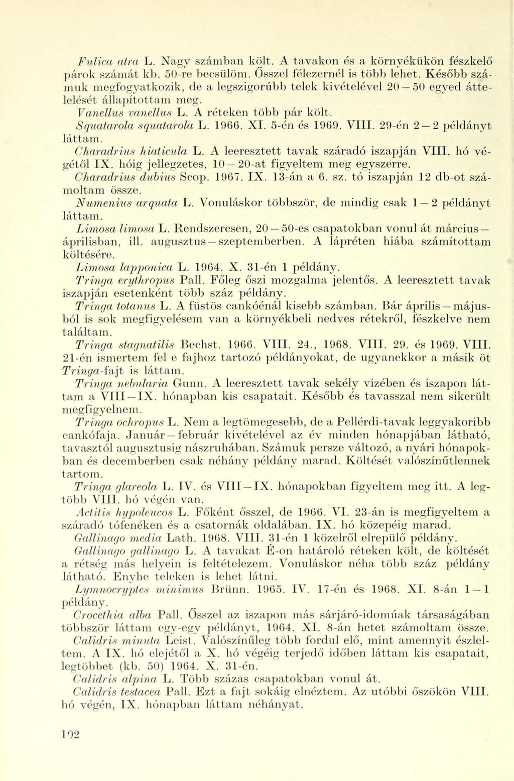 Fidica atra L. Nagy számban költ. A tavakon és a környékükön fészkelő párok számát kb. 50-re becsülöm. Ősszel félezernél is több lehet.