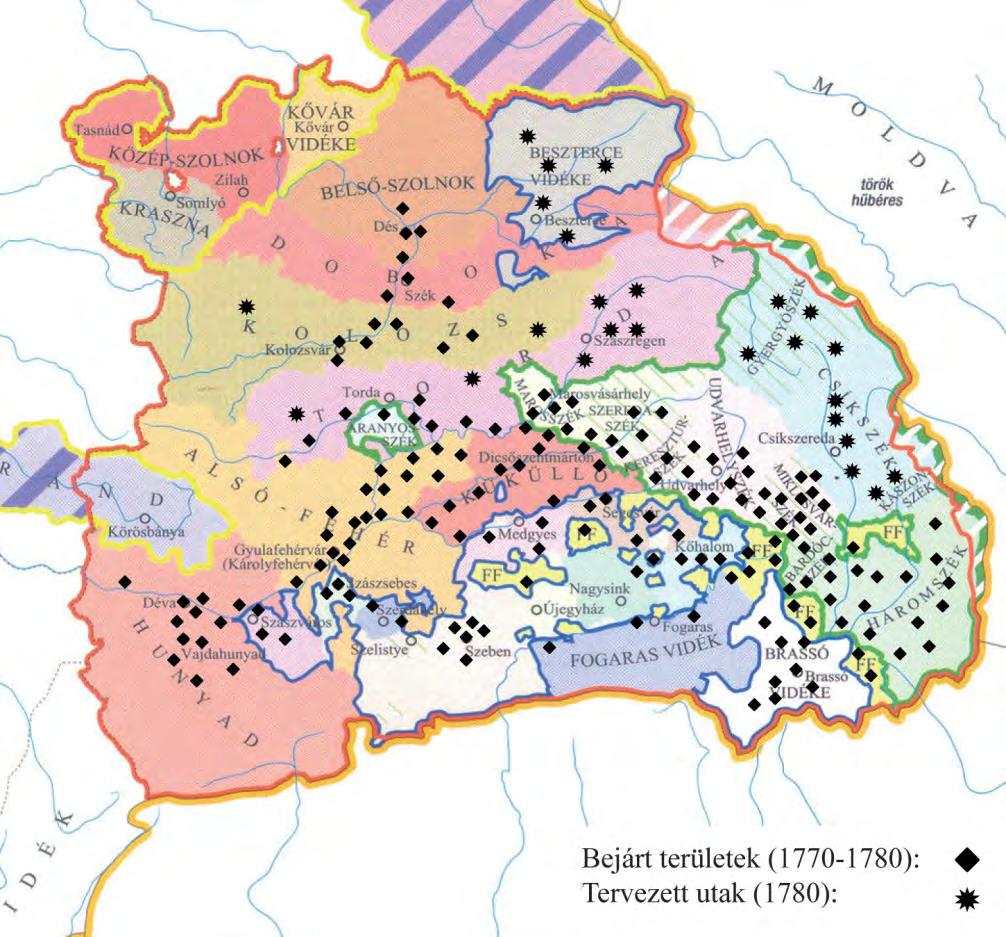 1. térkép. Benkő József botanikai vizsgálatainak helyei [Erdély, közigazgatás a 18. században] (Magyar Hirmondó, 1780. november 10.
