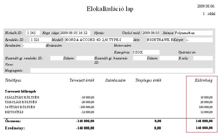 Előkalkulációs lap A Gépjármű előkalkuláció ablakról nyomtatható Előkalkuláció lap riporton mostantól tételenként látszik a Tervezett és a Tényleges érték közti Különbség.