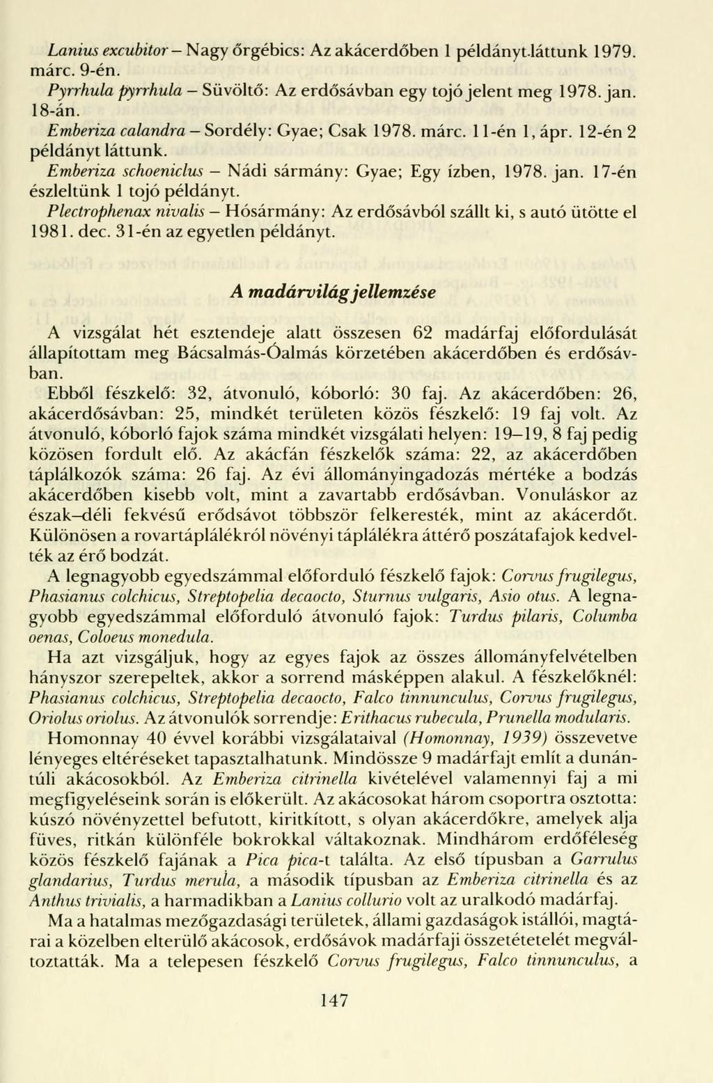 Lanius excubitor-nagy őrgébics: Az akácerdőben 1 példánytláttunk 1979. márc. 9-én. Pyrrhula pyrrhula - Süvöltő: Az erdősávban egy tojó jelent meg 1978. jan. 18-án.