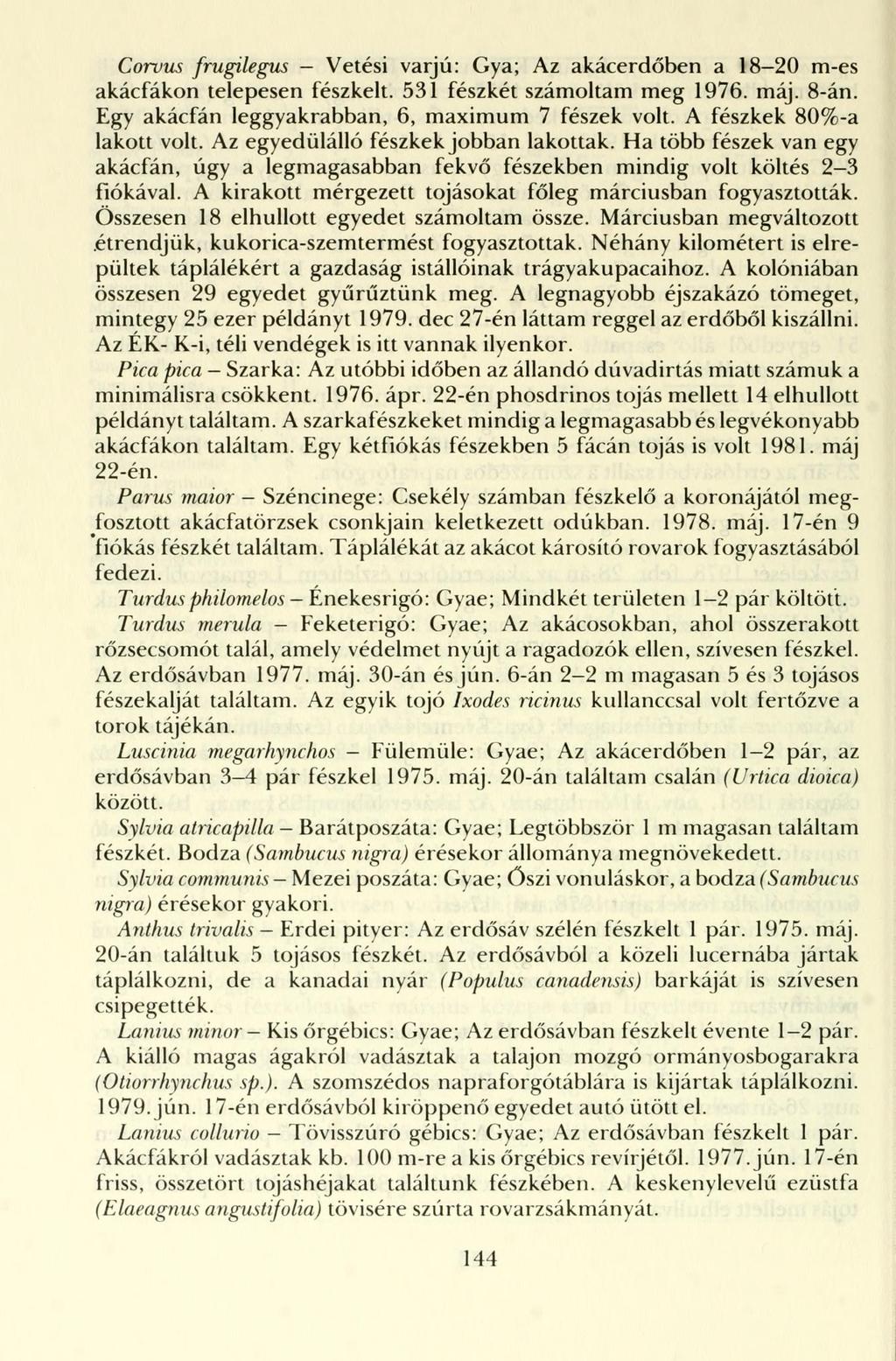 Corvus frugilegus - Vetési varjú: Gya; Az akácerdőben a 18 20 m-es akácfákon telepesen fészkelt. 531 fészkét számoltam meg 1976. máj. 8-án. Egy akácfán leggyakrabban, 6, maximum 7 fészek volt.