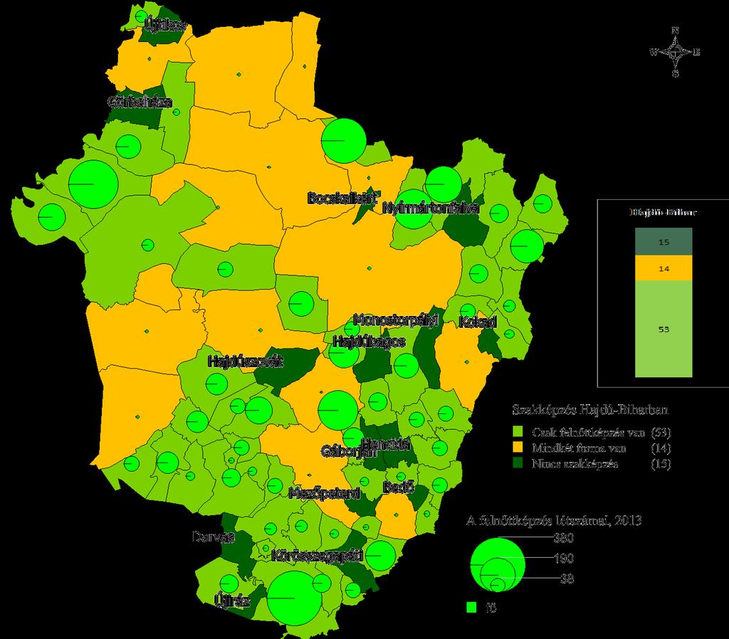 A szakképzés intézményeinek területisége Hajdú-Bihar megyében (forrás: OSAP 1665,