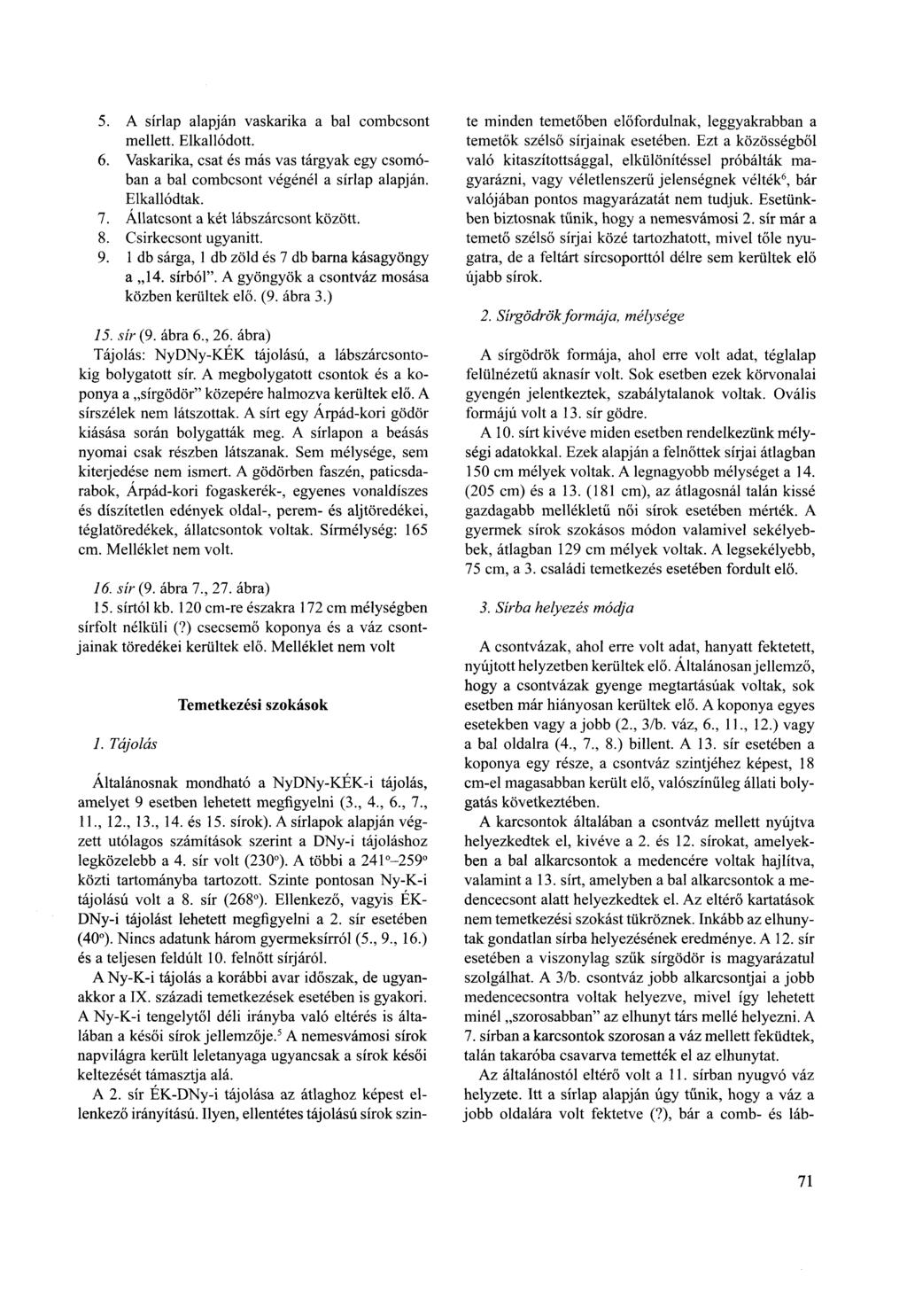 5. A sírlap alapján vaskarika a bal combcsont mellett. Elkallódott. 6. Vaskarika, csat és más vas tárgyak egy csomóban a bal combcsont végénél a sírlap alapján. Elkallódtak. 7.