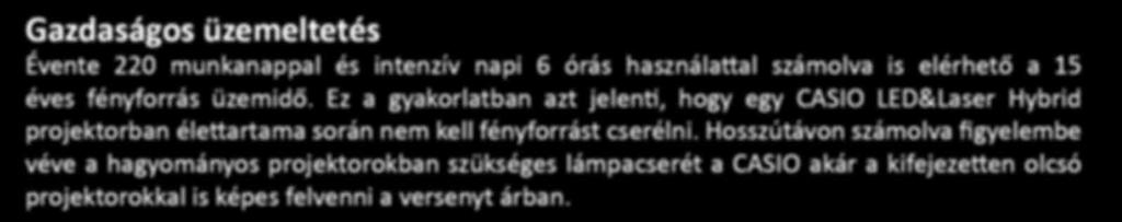 Ez a gyakorlatban azt jelenti, hogy egy CASIO LED&Laser Hybrid projektorban élettartama során nem kell fényforrást cserélni.