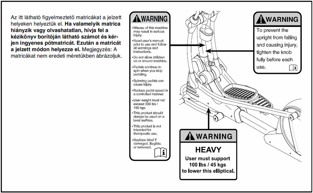 TARTALOMJEGYZÉK FIGYELMEZTETO MATRICA ELHELYEZÉSE...2 FONTOS ÓVINTÉZKEDÉSEK...3 HASZNÁLAT ELÕTT...4 ÖSSZESZERELÉS...5 AZ ELLIPTIKUS EDZOGÉP HASZNÁLATA...8 KARBANTARTÁS ÉS HIBAELHÁRÍTÁS.