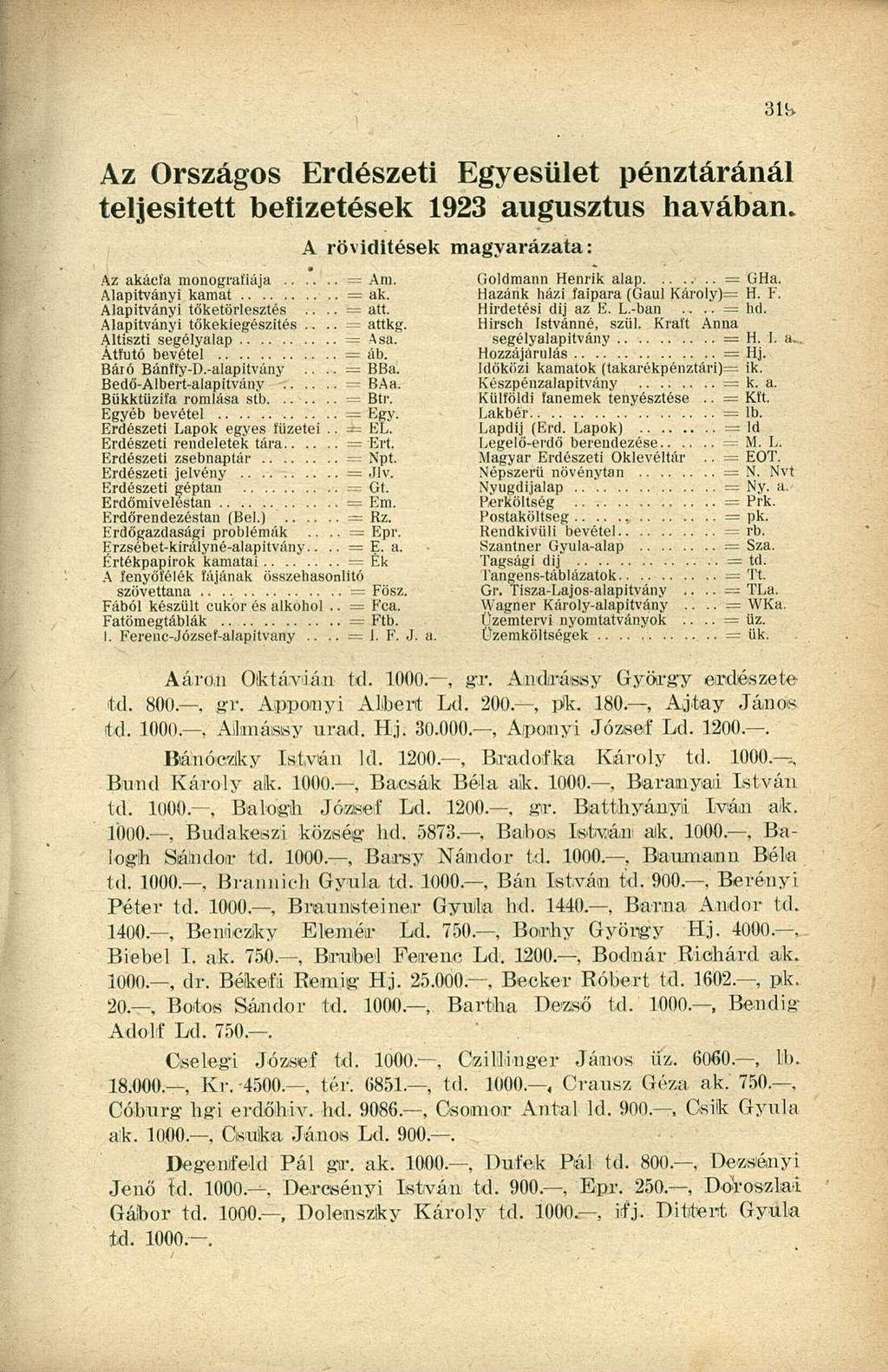 Az Országos Erdészeti Egyesület pénztáránál teljesitett befizetések 1923 augusztus havában. A rövidítések magyarázata: Az akácfa monográfiája = Am. Alapítványi kamat = ak. Alapítványi tőketörlesztés.