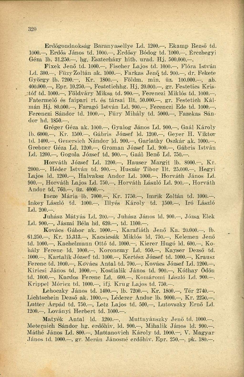 Erdőgondnokság Baraaiyasellye Ld. 1200., fikamp Bezső td. 1000., Erdős János td. 1000., JErdősy Bódog td. 1000., Érczhegyi Géza lb. 31550., hg'. Esztemházy hitb. urad. Hj. 500.000.. Fixek Jenő td.