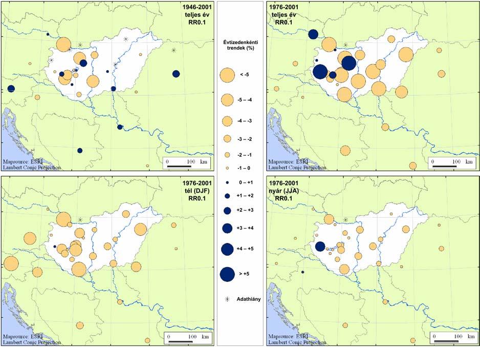 6. ábra. A 0,1 mm-t meghaladó csapadékú napok számának (RR0.1) alakulása a Kárpát-medencében a XX. század második felében.