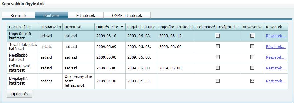 Kérelmek, döntések Kérelem Jogosultsági időszak kezdete Megállapító határozat Elutasító határozat Eljárást megszüntető végzés Továbbfolyósít ó