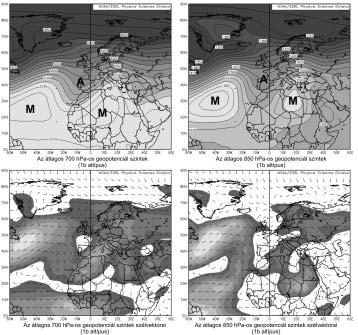 5. ábra Az 1b altípus 21 eseményének átlagos AT-térképei és szélvektorai Figure 5 The average geopotential height and wind vector maps of the 21 type-1b episodes Következtetések Az összesen 124