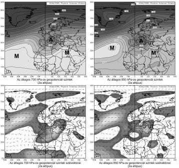 6. ábra A 2a altípus 31 eseményének átlagos AT-térképei és szélvektorai Figure 6 The average geopotential height and wind vector maps of the 31 type-2a episodes ásványi por mennyiségének jelenkori