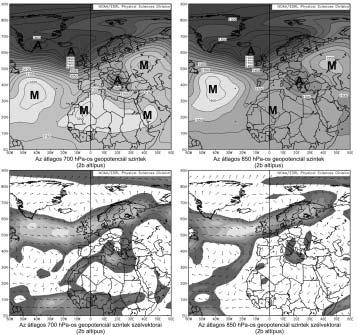 7. ábra A 2b altípus 2 eseményének átlagos AT-térképei és szélvektorai Figure 7 The average geopotential height and wind vector maps of the 2 type-2b episodes A vizsgált időszak során elkülönített