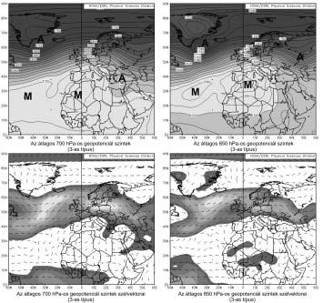 8. ábra A 3-as típus 10 eseményének átlagos AT-térképei és szélvektorai Figure 8 The average geopotential height and wind vector maps of the 10 type-3 episodes Összefoglalás A NASA TOMS Aeroszol