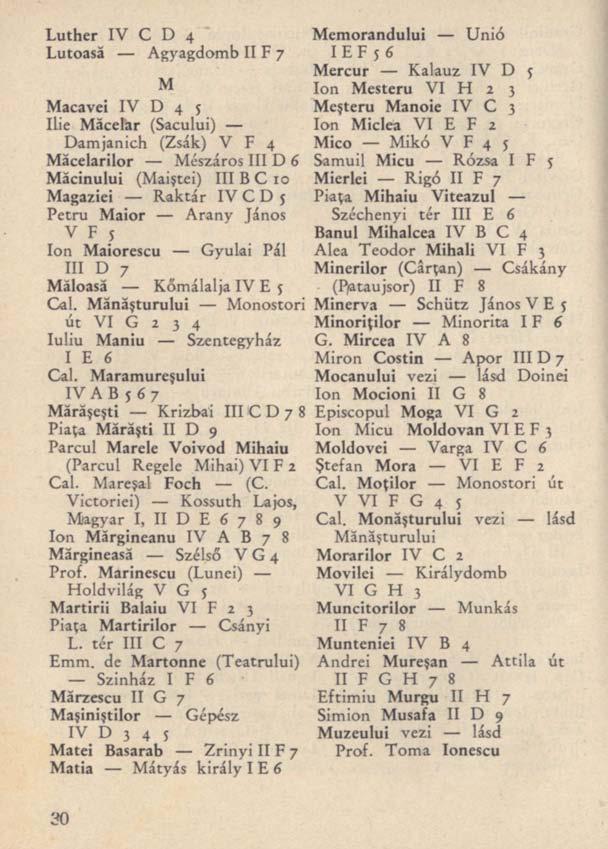 Luther IV C D 4 Lutoasă Agyagdomb II F 7 M Macavei IV D 4 5 Ilie Măcelar (Sacului) Damjanich (Zsák) V F 4 Măcelarilor Mészáros III D 6 Măcinului (Maiştei) III B C 10 Magaziei Raktár IVCD 5 Petru