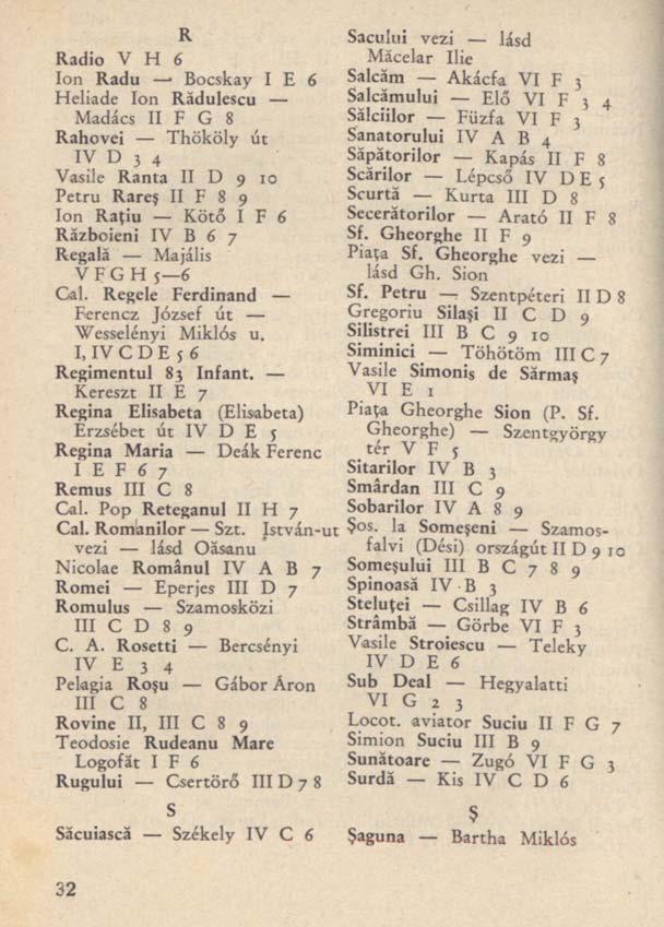 R Radio V H 6 Ion Radu Bocskay I E 6 Heliade Ion Rădulescu Madács II F G 8 Rahovei Thököly út IV D 3 4 Vasile Ranta II D 9 10 Petru Rareş II F 8 9 Ion Raţiu Kötő I F 6 Războieni IV B 6 7 Regală