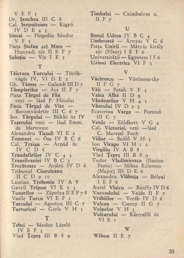 V E F 5 Dr. Şenchea III C 8 Cal. Şerpuitoare Kígyó IV D E 4 5 Şincai Hegedűs Sándor V F 5 Piaţa Ştefan cel Marc Hunyadi tér II E F 7 Şuluţiu Viz I E s T Tăietura Turcului Törökvágás IV, VI D E 2 Gh.