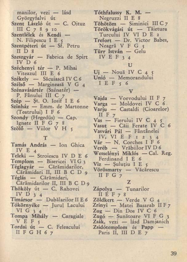 manilor, vezi lásd Tóthfalussy K. M. Györgyfalvi út Negruzzi II E 8 Szent László út C. Oituz Töhötöm Siminici III C 7 III C 7 8 9 io Törökvágási út Tăietura Szentlélek és Kendi Turcului IV VI D E 2 N.