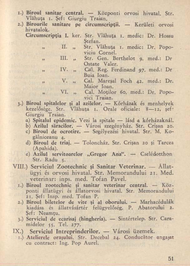 1.) Biroul sanitar central. Központi orvosi hivatal. Str. Vlăhuţa I. Şef: Giurgiu Traian. 2.) Birourile sanitare pe circumscripţii. Kerületi orvosi hivatalok. Circumscripţia I. ker. Str. Vlăhuţa i.