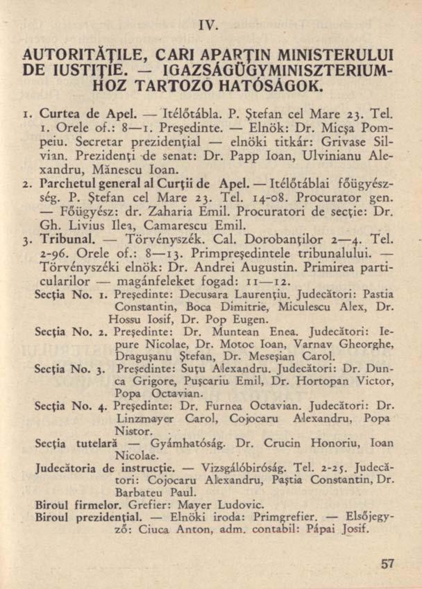 IV. AUTORITĂŢILE, CARI APARŢIN MINISTERULUI DE IUSTIŢIE. - IGAZSÁGÜGYMINISZTERIUM- HOZ TARTÓZÓ HATÓSÁGOK. 1. Curtea de Apel. ítélőtábla. P. Ştefan cel Mare 23. Tel. i. Orele of.: 8 1. Preşedinte.