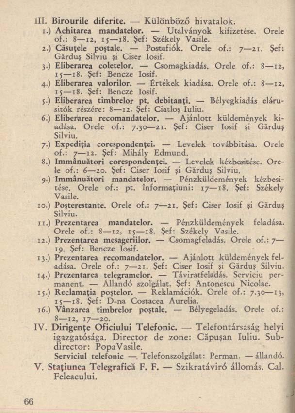 III. Birourile diferite. Különböző hivatalok. 1.) Achitarea mandatelor. Utalványok kifizetése. Orele of.: 8 12, íj 18. Şef: Székely Vasile. 2.) Căsuţele poştale. Postafiók. Orele of.: 7 21.