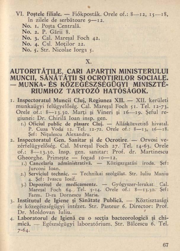 VI. Poştele filiale. Fiókposták. Orele of.: 8 12, 15 18, în zilele de serbătoare 9 12. No. i. Poşta Centrală. No. 2. P. Gării 8. No. 3. Cal. Mareşal Foch 42. No. 4. Cal. Moţilor 22. No. 5. Str.