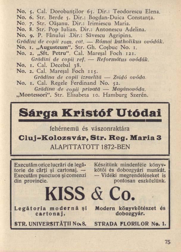 No. 5. Cal. Dorobanţilor 6$. Dir.: Teodorescu Elena. No. 6. Str. Berde 5. Dir.: Bogdan-Duica Constanţa. No. 7. Str. Oăşanu. Dir.: Irimiescu Maria. No. 8. Str. Pop Iulian. Dir.: Antonescu Adelina. No. 9.